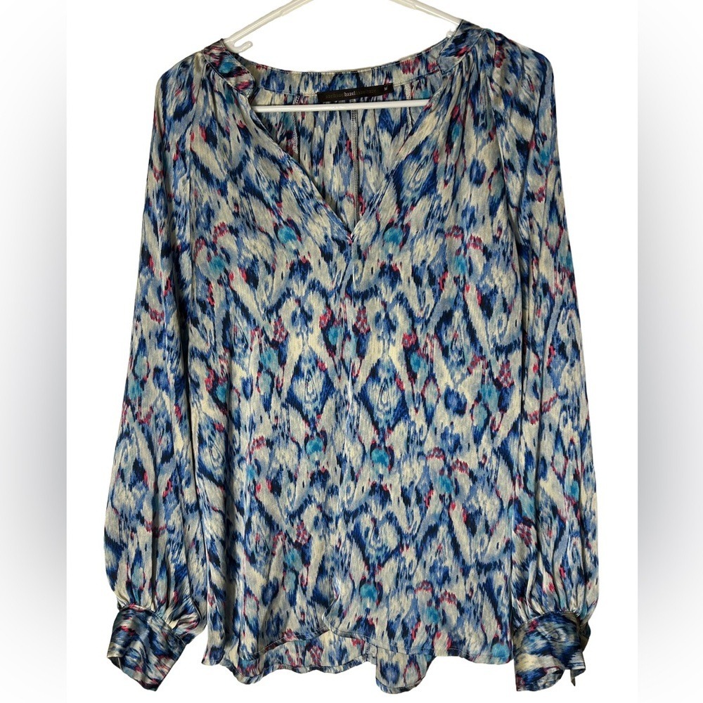 Hazel Blue Pink Ikat Abstract V-Neck Long Sleeve Blouse Top‎ H35437 Womens M